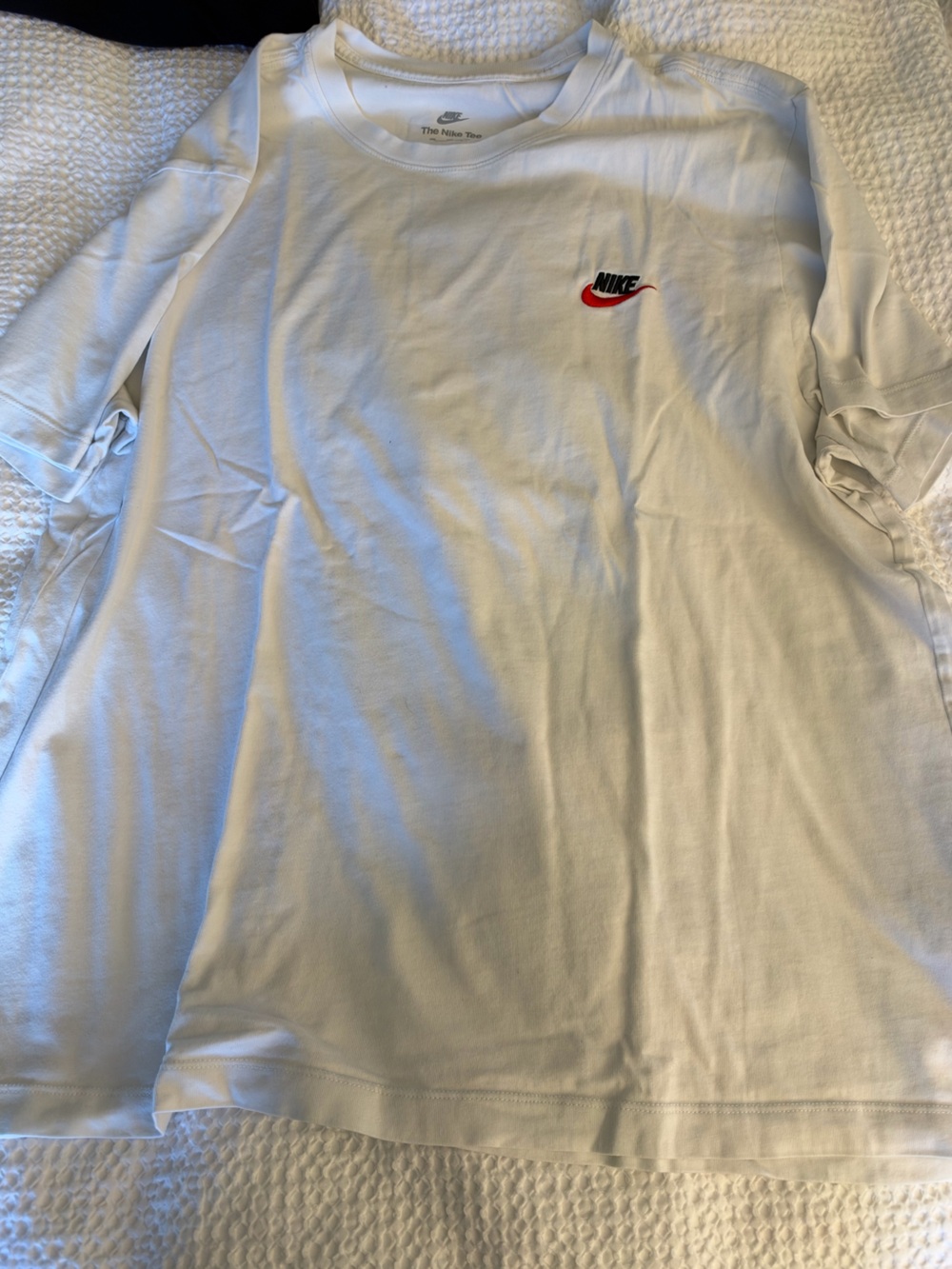 Nike White Long-Sleeve Crew with Small Red/Black Swoosh